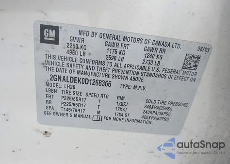 2013 Chevrolet Equinox 1Lt from USA, damaged, VIN 2GNALDEK0D1268366